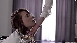 Resigned Golden-Haired Schoolgirl Is About To Get Dominated And Drilled With A Thong- On, On The Bed