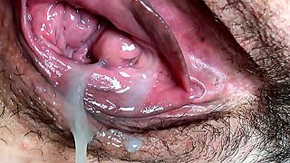 Wife Let Me Look At Her Pissing Gaping Pussy, For Which She Get A Huge Cum Load Inside. Close-Up