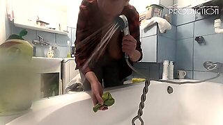 Giant Jugs Lena Downblouse While Cleaning Bathtube