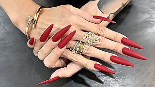 Red Matte Color Long Nails, Palms And Long Fingers Wide
