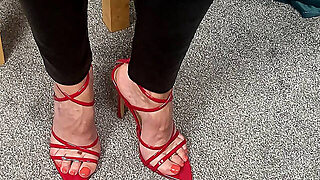 Mrs Mature Feet Wearing Extremely Tight Leather Trousers And Heels