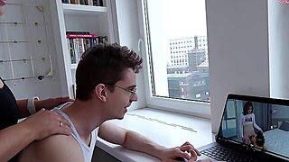 Happy Guy Jerking Off To Hardcore Porn Featuring Me While Simultaneously Fucking Me And Cumming Deep