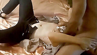 1491 (01) - Blonde Amateur, Black Corset, Satin Panties, Black Leather Pants, White Milf, Doggystyle