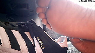 Barefoot Passenger Blue Toes Foot Play While Riding In The Car