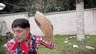 Grandma Has Bad Intentions And Convinces Gardener To Let Her Bang Him In The Butt With The Thong-On