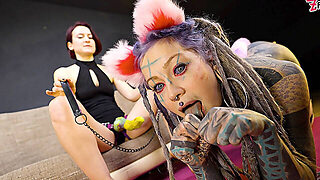 Femdom Catplay Dominatrix Playing With Tattooed Cosplayer With Butt Plug