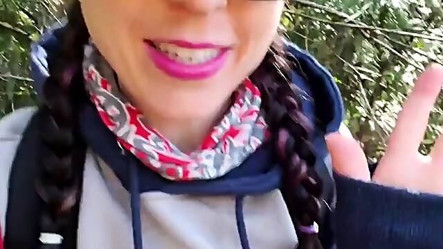 Outdoor Bdsm Solo In Black Dress With Nipple Clamps And Butt