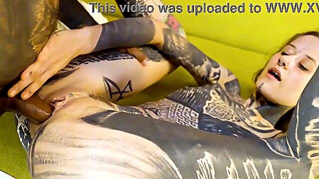 Tattooed Girl Swallows Long Cock Whole And Cum Inside Her Pussy