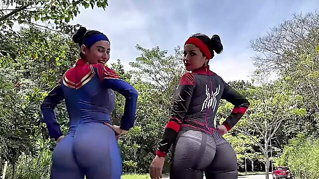 Busty Latina Pawgs In Spider Woman & Captain Marvel Costumes Ride A Cock & Masturbate Up To Squirtin