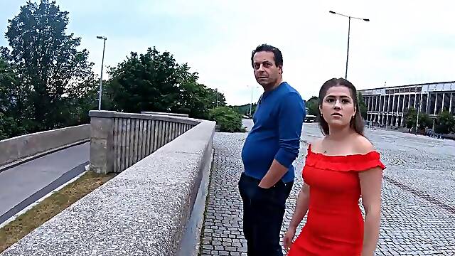 Submissive Brunette In Red Takes Him All The Way In