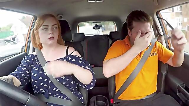 Curvy Ginger Riding A Large Dong In A Car And Lets Him Cum In Her Throat - Fake Driving School