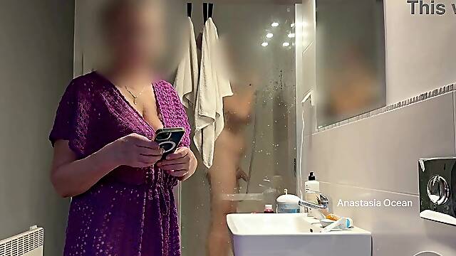 3 Of Us In The Bath. That Guys Jerking In Shower Front Of My Step Mommy. Family Use. Voyeur.