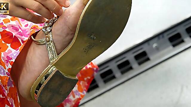 Sandal And Foot Fetish, Nice Callous Feet Close-Up, Elegant Flat Sandals For A Lick Pose