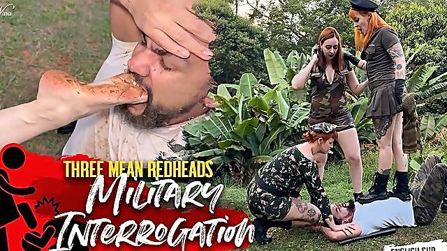 Mean Army Redheads Nara, Mel And Fennix Interrogated A Spy In The Jungle (1080 En-Sub) Foot Dominati