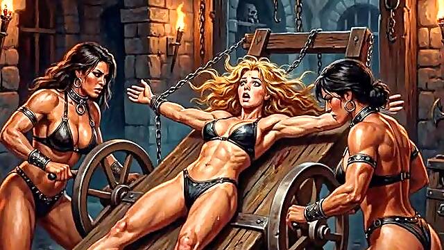 Sexy Muscled Blonde Babe Is Tied To A Rack In The Dungeon And Stretched By Two Kinky Fetishists In B