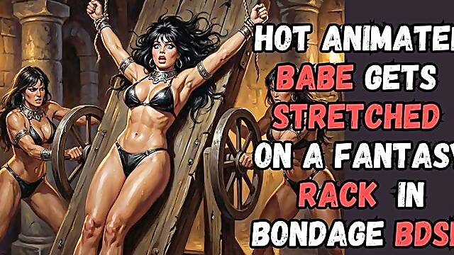 Sexy Muscled Raven Haired Babe Is Tied To A Rack In The Dungeon And Stretched By Two Kinky Fetishist