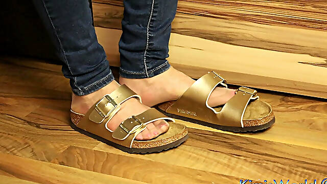 Jeans And Gold Two-Strap Sandals - Nylon Feet Tease