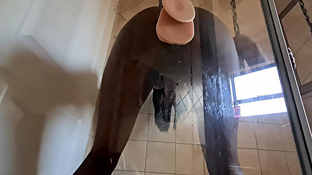 Tattooed Desi Suction Cup Dildo Shower Door Pussy Masturbation