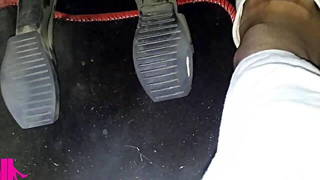 Pedal Pumping And Driving In Highway In Soft Worn Out Flats And Nylon Socks